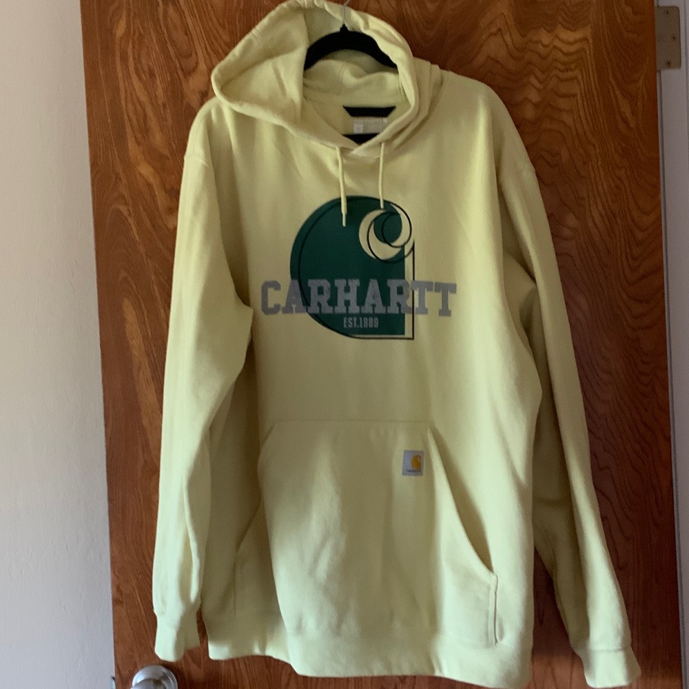 Carhartt Men's Yellow Hoodie with Green Logo